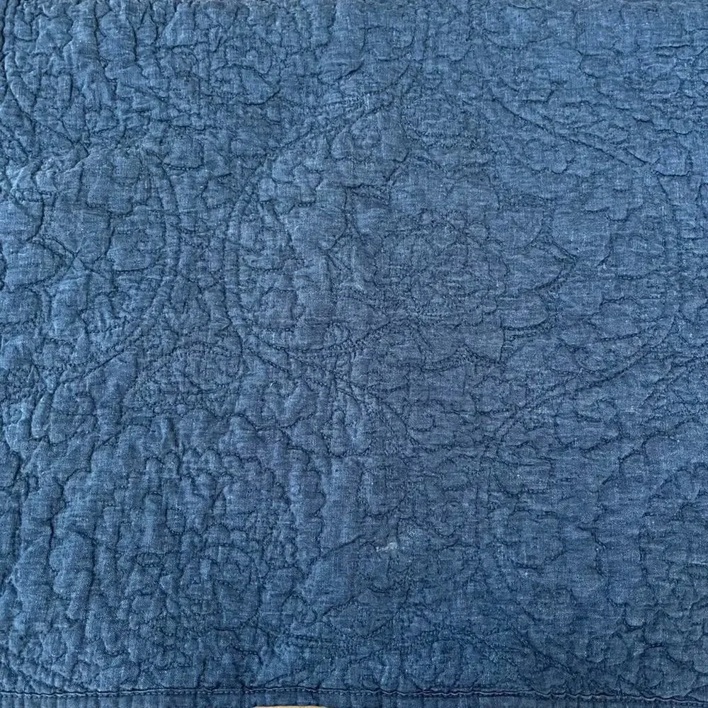 Pottery Barn Blue Linen Standard Pillow Cover Sham Quilted 26 X 20